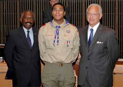 Eagle Scout Eric Crowell with Councilman Bob Weiner and Councilman Penrose Hollins