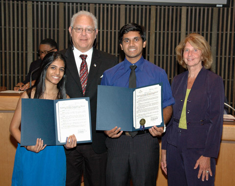 Council Members Bob Weiner and Janet Kilpatrick presented a Council Resolution recognizing and honoring the Indo-American Association of Delaware Youth Group Co-Presidents Aashka Shah and Darren D’Mello for their volunteer and community work, at its August 27, 2013 meeting.